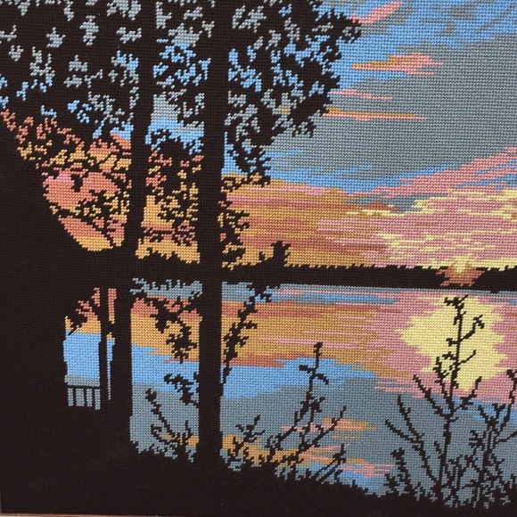 Needlepoint Sunset Cottage Waterfront Landscape Scene Trees Framed Art 26" x 22" - Picture 2 of 11